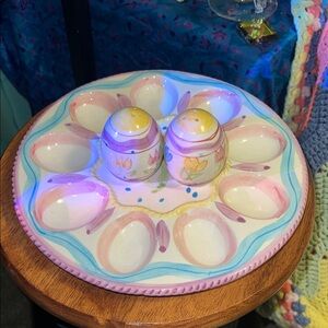 Floral Ceramic Egg Plate with Salt and Pepper Shakers